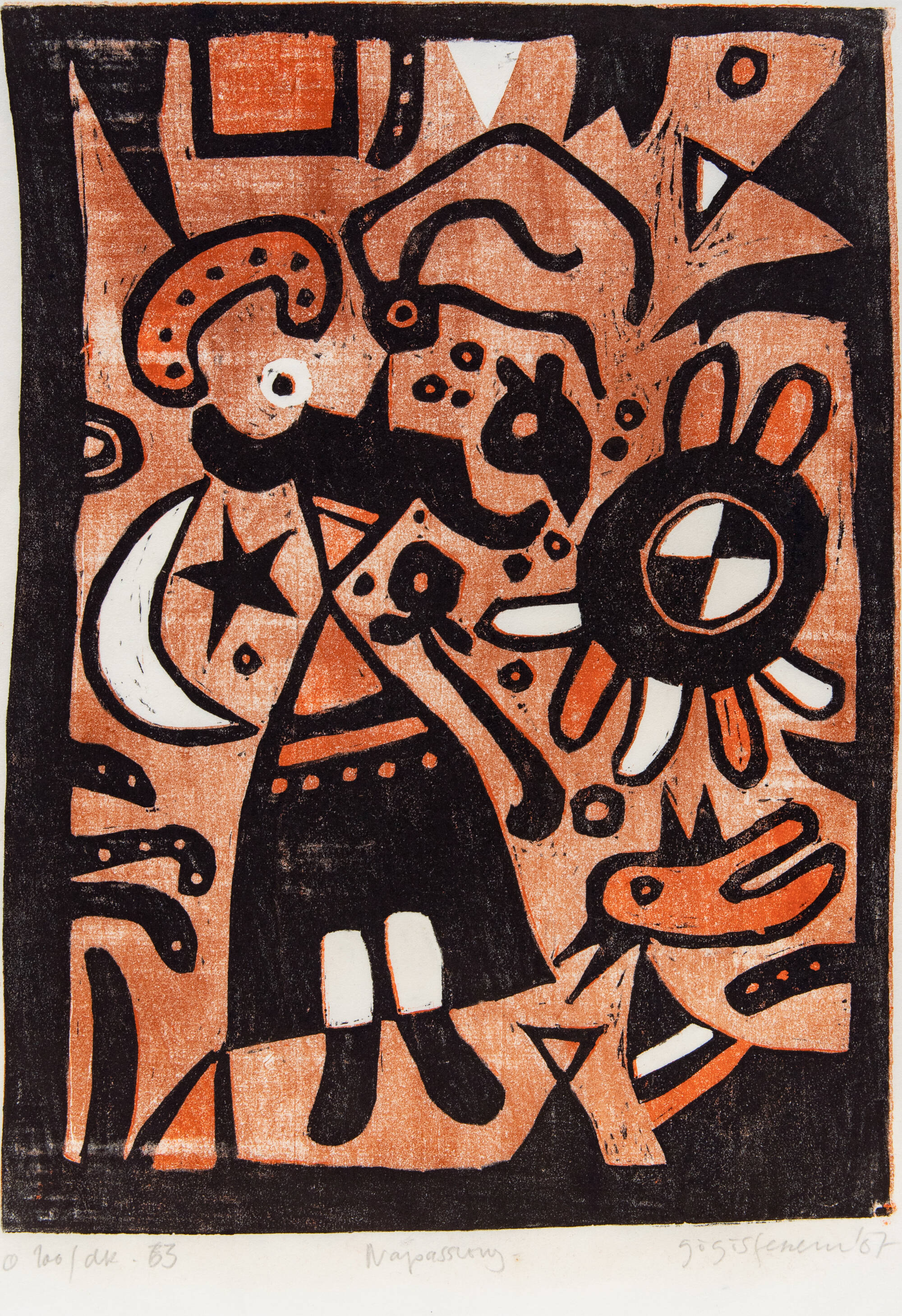 Abstract print of a black and white design on an orange background. Some figures visible like an animal and a human form.